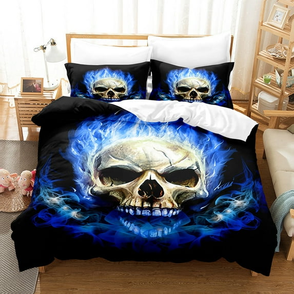 YJHDM Blue Flame Skull Bedding Set 3D Horror Pattern Duvet Cover Pillow Case 2/3pcs Men Boys Cover
