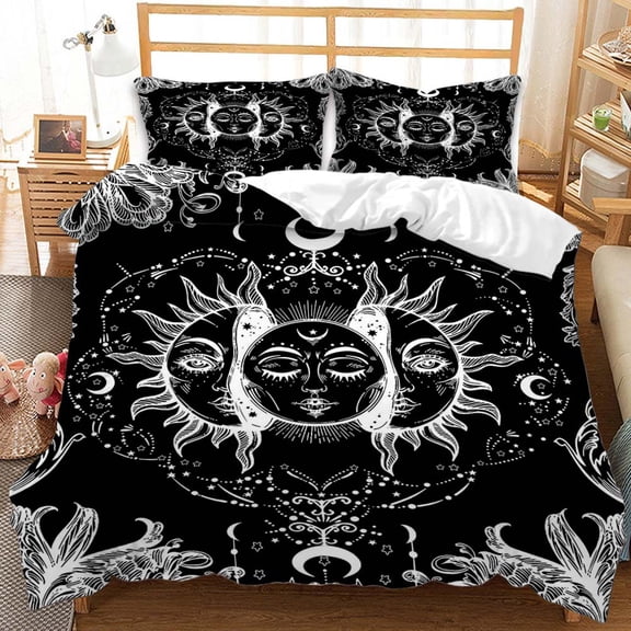 YJHDM Bohemian Bedding Set 3D Sun Moon Down Duvet Cover Pillowcase 2/3pcs Black Good Night Cover