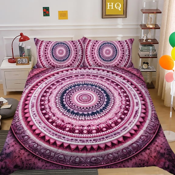 YJHDM Bohemian Round Mandala Bedding Set 3D King Queen Bed Duvet Cover Pillow Cover 2/3pcs for Lady