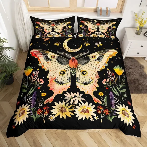 YJHDM Butterfly Bedding Set Bohemian Moth Duvet Cover Set for Kids Boys Girls Moon