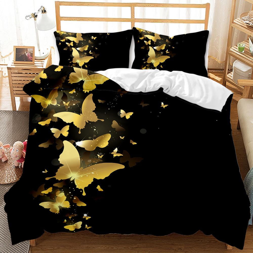 YJHDM Butterfly Duvet Cover Set King Queen Twin Full Size Black Gold Butterflies Black Background for Kid Boy Polyester Bedding Set