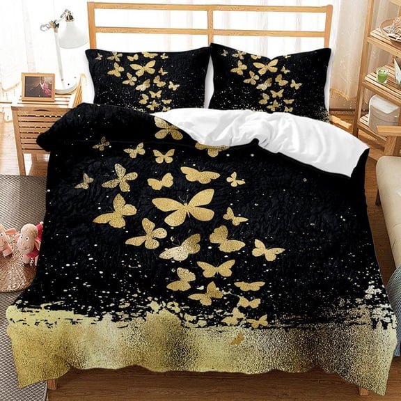 YJHDM Butterfly Duvet Cover Set King Queen Twin Full Size Black Gold Butterflies Black Background for Kid Boy Polyester Bedding Set
