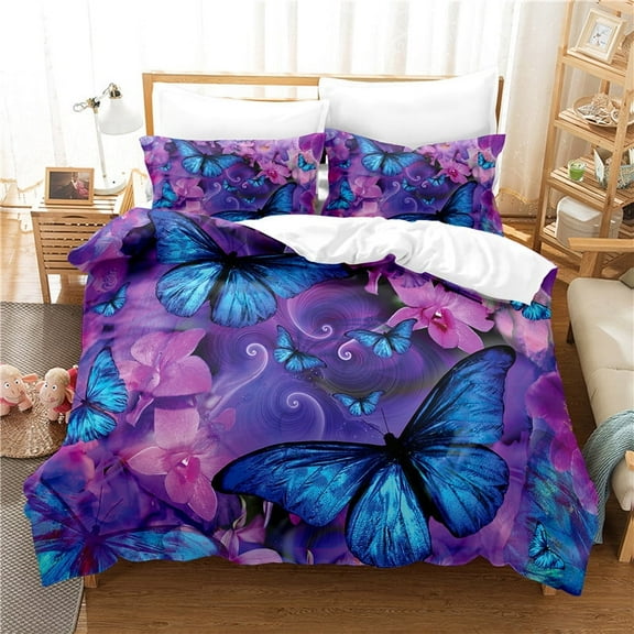 YJHDM Butterfly Flower Bedding Set 3D King Queen Bed Duvet Cover Pillowcase 2/3pcs Polyester Fabric