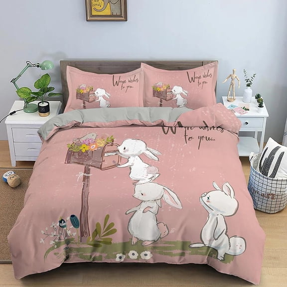YJHDM Cartoon Animal Duvet Cover Rabbit Easter Bedding Set for Bedroom King Queen Full Polyester Bedclothes Home Decor
