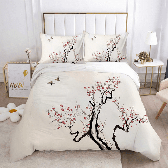 YJHDM Chinese Style 3D Bedding Set Plum Blossom Down Duvet Cover Pillowcase 2/3pcs White Quilt Cover