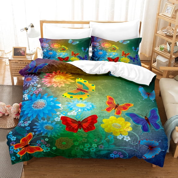 YJHDM Colorful Butterfly Bedding Set 3D Flower Duvet Cover Pillowcase 2/3pcs Women Girls Quilt Cover