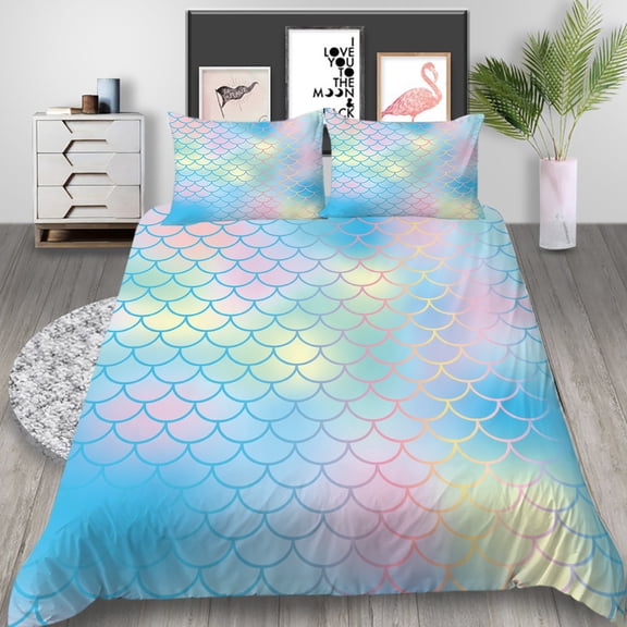 YJHDM Colorful Fish Scale Pattern Bedding Set 3D Girls and Women Duvet Cover Pillowcases 2/3pcs