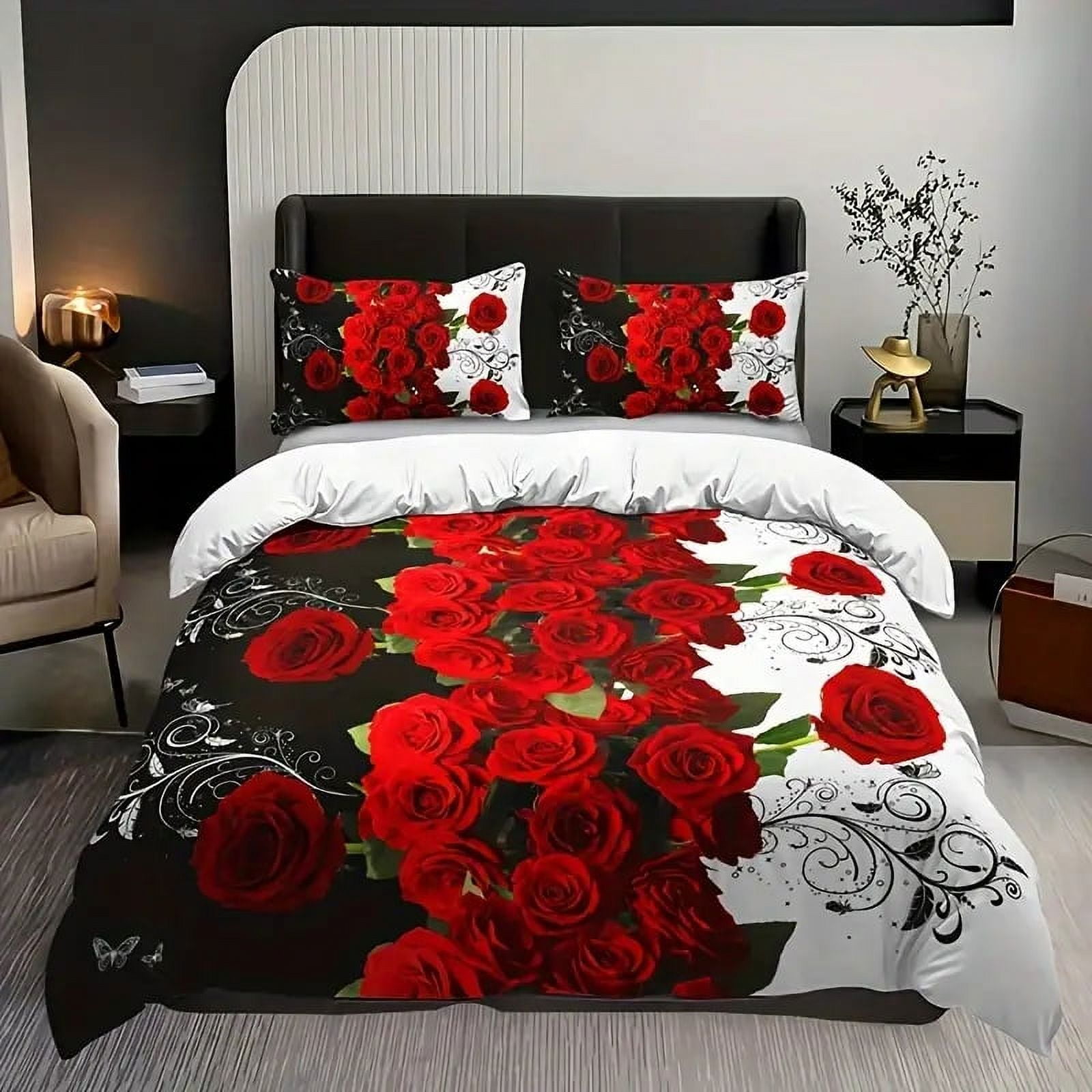Red Pink Heart Bedding Set Rose Cupid Print Duvet Cover Set Girls Romantic Bedding Cover (8BM)(F63)