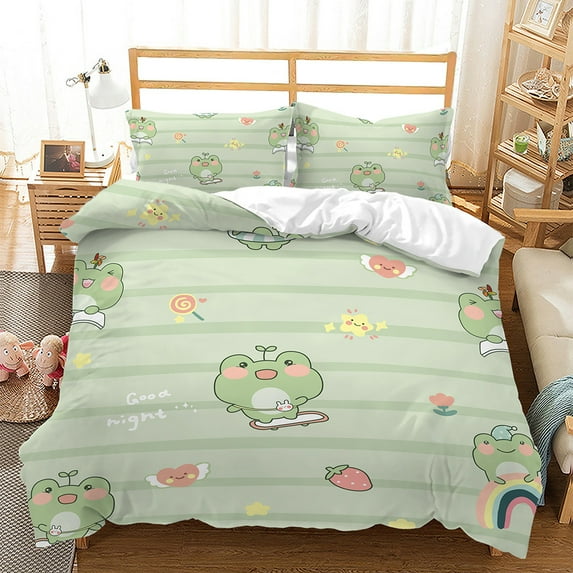 YJHDM Cute Frog Bedding Set 3D Green Duvet Cover Pillowcase 2/3pcs Summer Boys Room Soft Quilt Cover