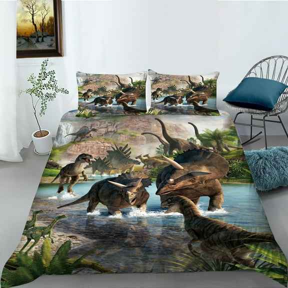 YJHDM Dinosaur Bedding Set 3D Primitive Animal Duvet Cover Pillowcase Teens Kids Boys Quilt Cover