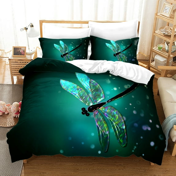 YJHDM Dragonfly Bedding Set 3D Green Refreshing Down Duvet Cover Pillowcase 2/3pcs for Women's Room