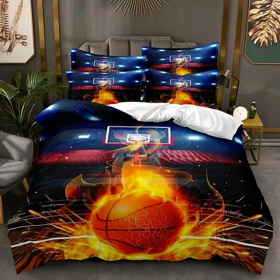YJHDM Flame Basketball Bedding Set 3D Athlete Boys Teen Duvet Cover Pillow Case 2/3pcs Birthday Gift
