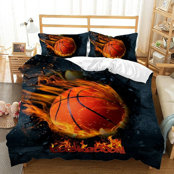 YJHDM Flame Basketball Bedding Set 3D Sports Duvet Cover Pillowcase 2/3pcs for Boys Basketball Fans
