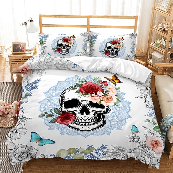 YJHDM Flower Skull 3D Bedding Set White Horror Down Duvet Cover Pillowcase 2/3pcs Halloween Cover