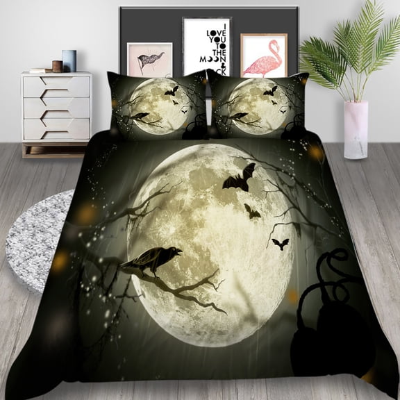 YJHDM Full Moon Crow Bedding Set 3D Halloween Down Duvet Cover Pillow Case 2/3pcs Deluxe Soft Cover