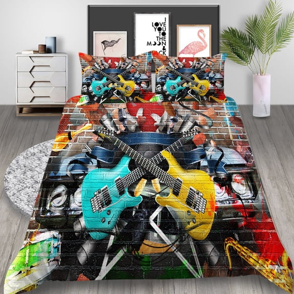 YJHDM Guitar Bedding Set 3D Music Duvet Cover Pillow Case 2/3pcs Hip Hop Rock Cover with Zipper