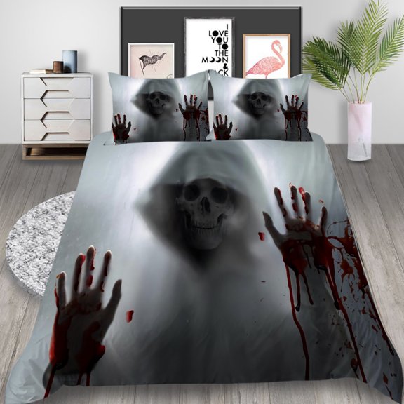YJHDM Halloween Bedding Set 3D Skull Duvet Cover Pillowcase 2/3pcs Horror Atmosphere Pattern Quilt Cover