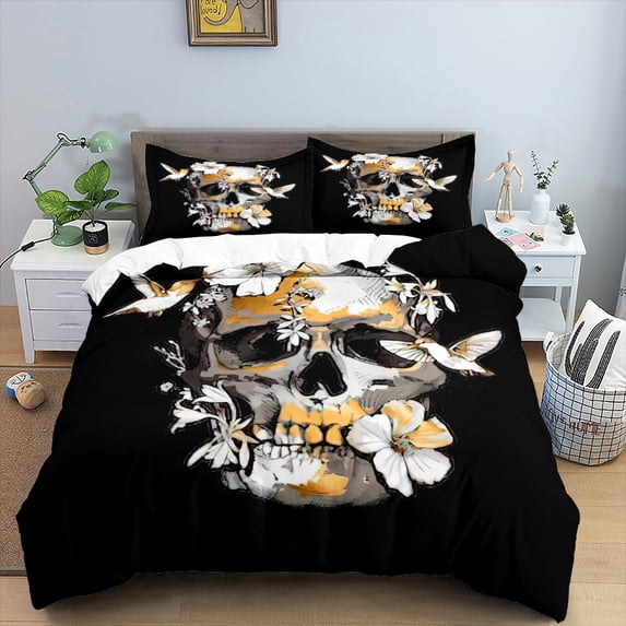 YJHDM Halloween Bedding Set Butterfly Skull Duvet Cover Pillowcase 2/3pcs Black Dirt Resistant Cover