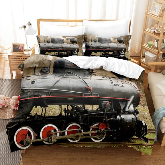 YJHDM Home Textile Retro Train Head Bedding Set 3D Industrial Style Duvet Cover Pillow Case 2/3pcs