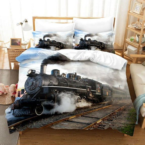 YJHDM Home Textile Steam Retro Train Bedding Set 3D Industrial Style Duvet Cover Pillowcase 2/3pcs