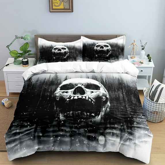 YJHDM 3D Terrifying Skull Bedding Set Halloween Theme Quilt Cover Pillowcases 2/3pcs Boys and Men Cover Gift