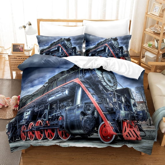 YJHDM Industrial Style Bedding Set 3D Steam Retro Train Duvet Cover Pillowcase 2/3pcs Men's Boys' Cover