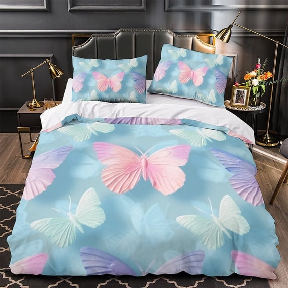 YJHDM Macaron Butterfly Bedding Set 3D Women Girls Duvet Cover Pillowcase 2/3pcs Candy Colored Cover