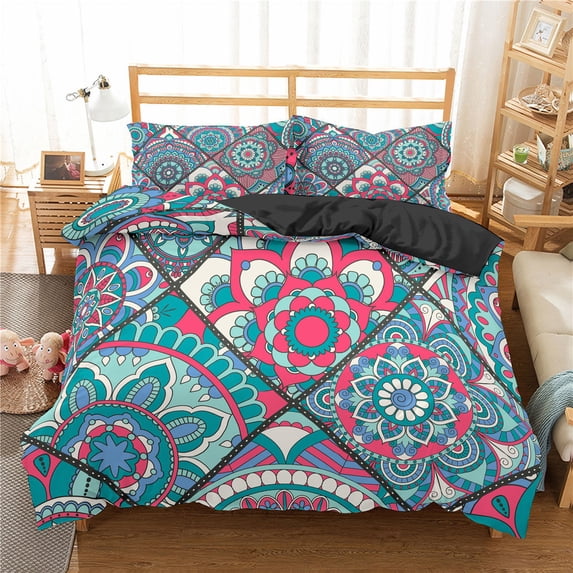 YJHDM Mandala Flower Bedding Set 3D Bohemian Black Dirty Down Duvet Cover Pillow Cover 2/3pcs