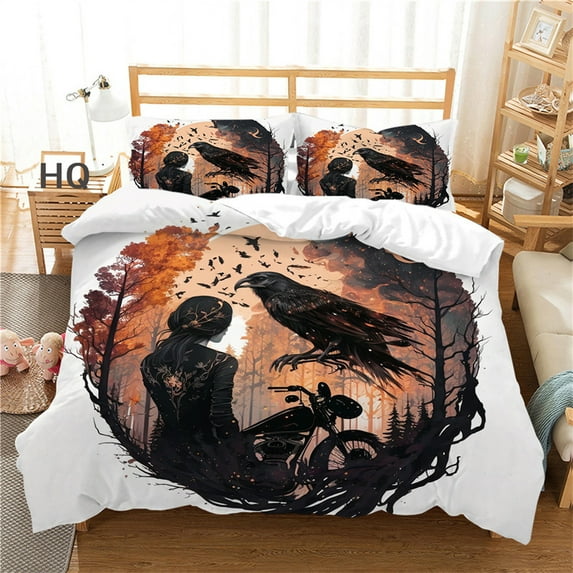 YJHDM Motorcycle Women Bedding Set 3D Printed Crow Duvet Cover Pillow Cover 2/3pcs for Horror Cover