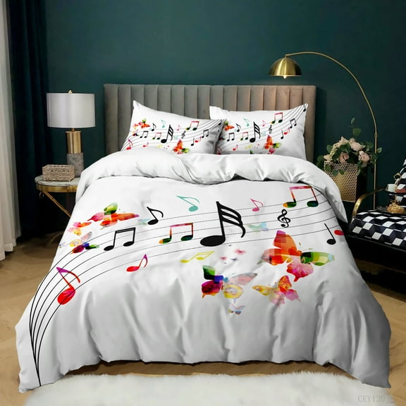 YJHDM Music Bedding Set 3D Butterfly Down Duvet Cover Pillowcase 2/3 Pieces White Music Quilt Cover