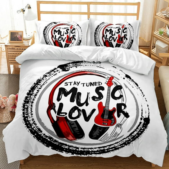 YJHDM Music Bedding Set 3D Headphone Pattern Duvet Cover Pillowcase 2/3pcs Vintage Soft Quilt Cover