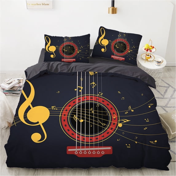 YJHDM Music Note Bedding Set 3D Black Anti Dirty Quick Drying Down Duvet Cover Pillow Case 2/3pcs