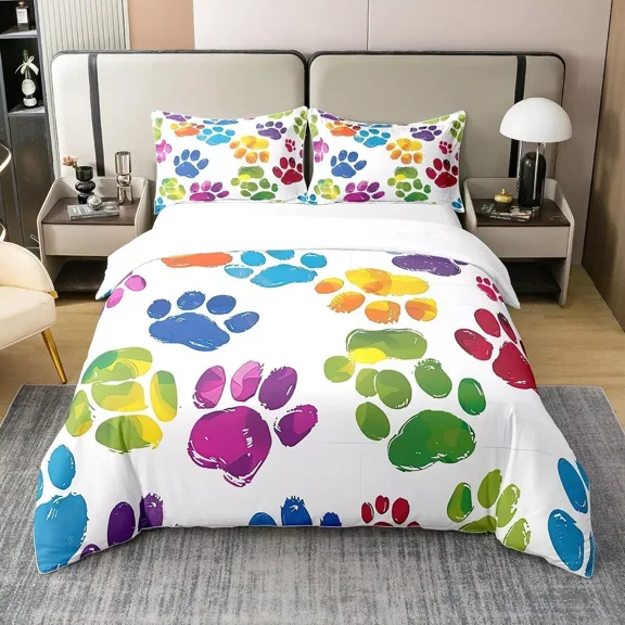 YJHDM Paw Print Bedding Set for Girls Boys Kids King Size Puppy Pets Animal Themed