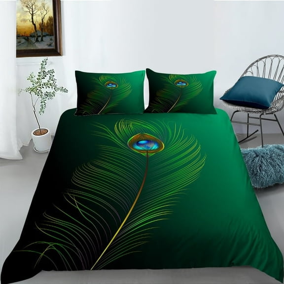 YJHDM Peacock Feather Bedding Set 3D Green Duvet Cover Pillowcases 2/3 Pieces for King Queen Bedding
