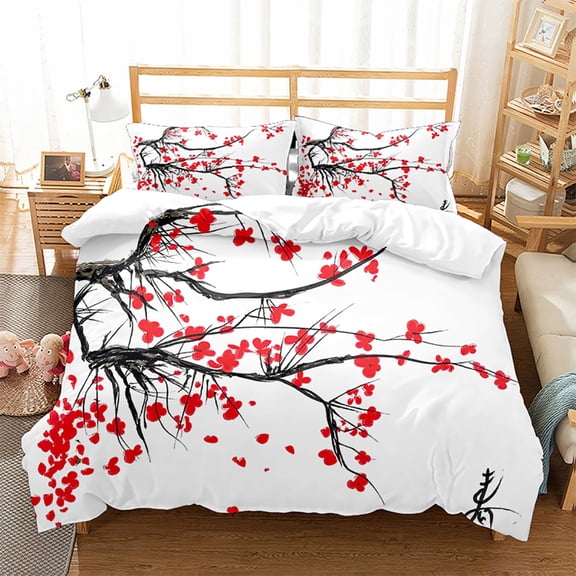 YJHDM Plum Blossom Bedding Set 3D Chinese Style White Down Duvet Cover Pillowcases 2/3 Pieces