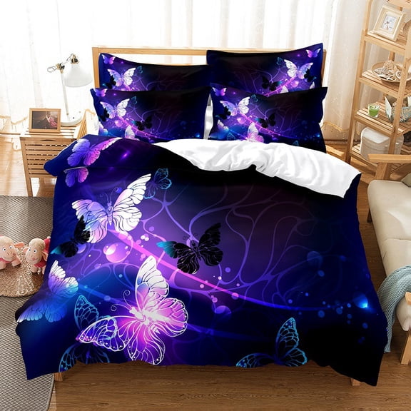 YJHDM Purple Butterfly Bedding Set 3D Women's Down Duvet Cover Pillowcase 2/3pcs for King Queen Bed