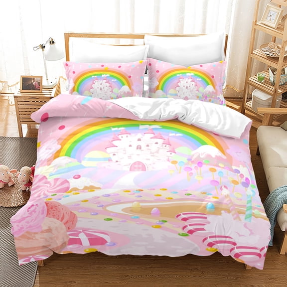 YJHDM Rainbow Bedding Set 3D Pink Theme Down Duvet Cover Pillowcase 2/3pcs for Girls Princess Room
