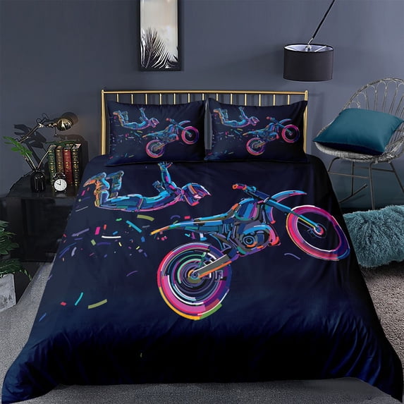 YJHDM Retro Motorcycle Bedding Set 3D Black Anti Dirty Duvet Cover Pillowcase 2/3pcs for Boys Men