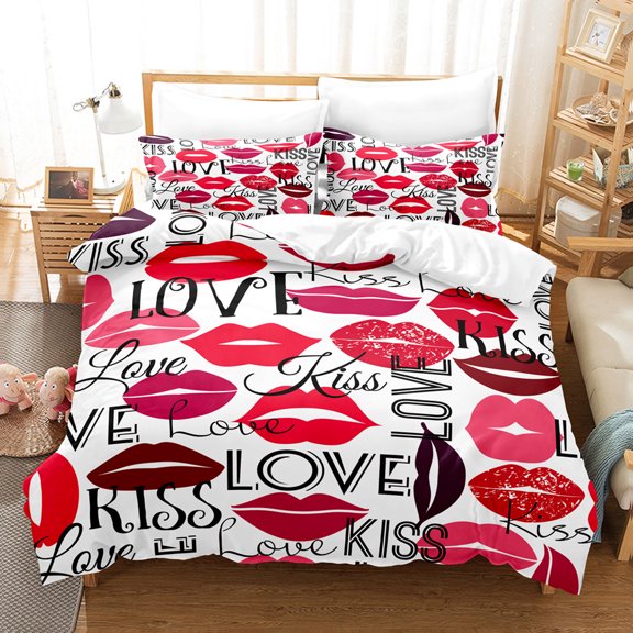 YJHDM Sexy Red Lip Bedding Set 3D Love Duvet Cover Pillowcase 2/3pcs for Couples and Women's Rooms