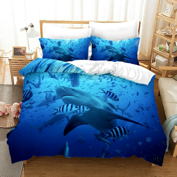 YJHDM Shark Bedding Set 3D Ocean Animal Down Duvet Cover Pillow Case 2/3 Pieces for Men and Boys