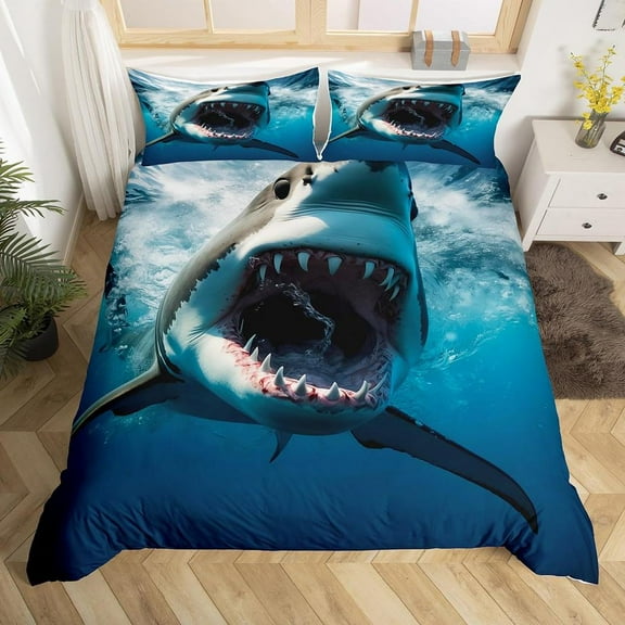 YJHDM Shark Duvet Cover Queen Marine Life Comforter Cover Blue and White Cartoon Shark Bedding Set Nautical Ocean Theme Quilt Cover