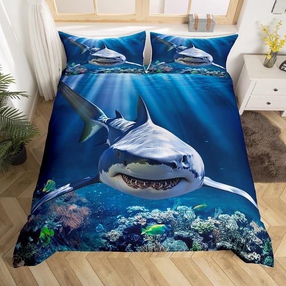 YJHDM Shark Duvet Cover Queen Marine Life Comforter Cover Blue and White Cartoon Shark Bedding Set Nautical Ocean Theme Quilt Cover