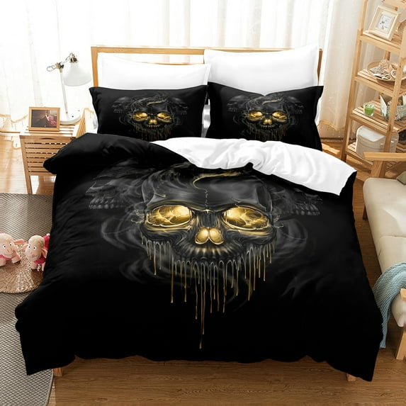 YJHDM Skull Bedding Set 3D Black Scary Pattern Down Duvet Cover Pillow Case 2/3pcs Halloween Gifts