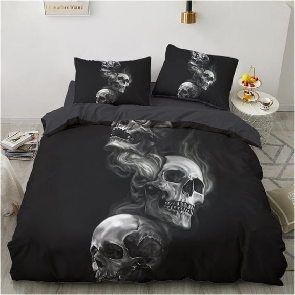 YJHDM Skull Bedding Set 3D Halloween Duvet Cover Pillow Case 2/3pcs Black Anti Dirty Quilt Cover