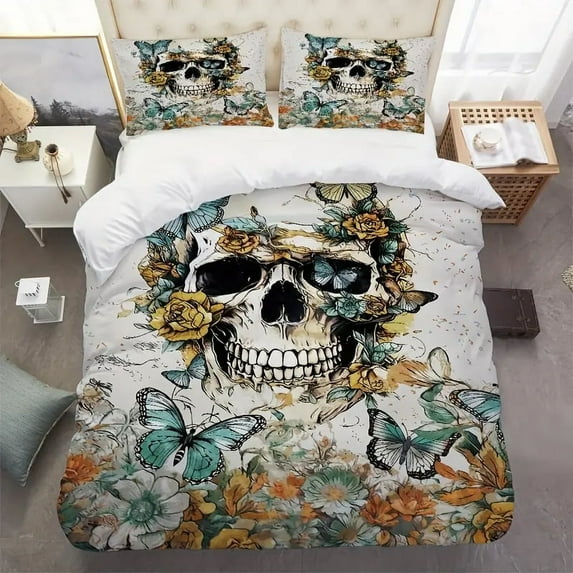 YJHDM Skull Butterfly Bedding Set 3D Halloween Duvet Cover Pillow Cover 2/3pcs Men Women Bed Cover