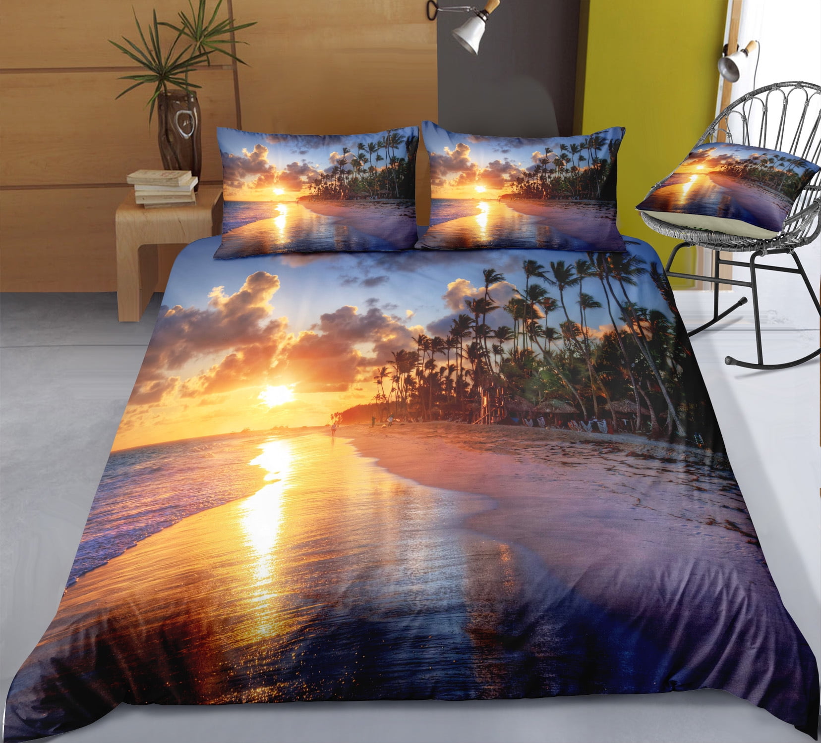 YJHDM Soft Beach Scenery Bedding Set 3D Summer Cool Printed Down Duvet Cover Pillowcases 2/3pcs
