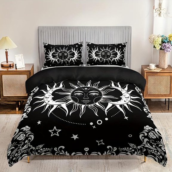 YJHDM Soft and Comfortable Black and White Sun and Moon Print Duvet Cover Set for Bedroom and Guest Room