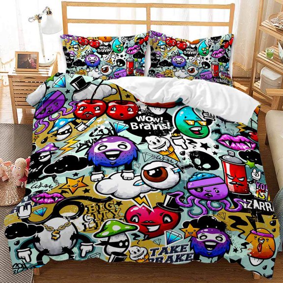 YJHDM Street Graffiti Bedding Set 3D Hip Hop Duvet Cover Pillow Cover 2/3pcs for Boys Teens Men