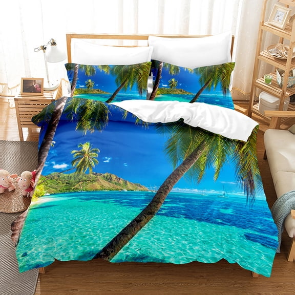 YJHDM Summer Bedding Set 3D Beach Scenery Duvet Cover Pillowcase 2/3pcs Summer Cool Pattern Cover