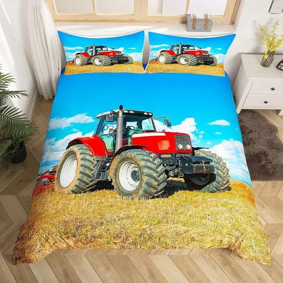 YJHDM Tractor Bedding Set Men Construction Cars Pattern Comforter Cover for Kids